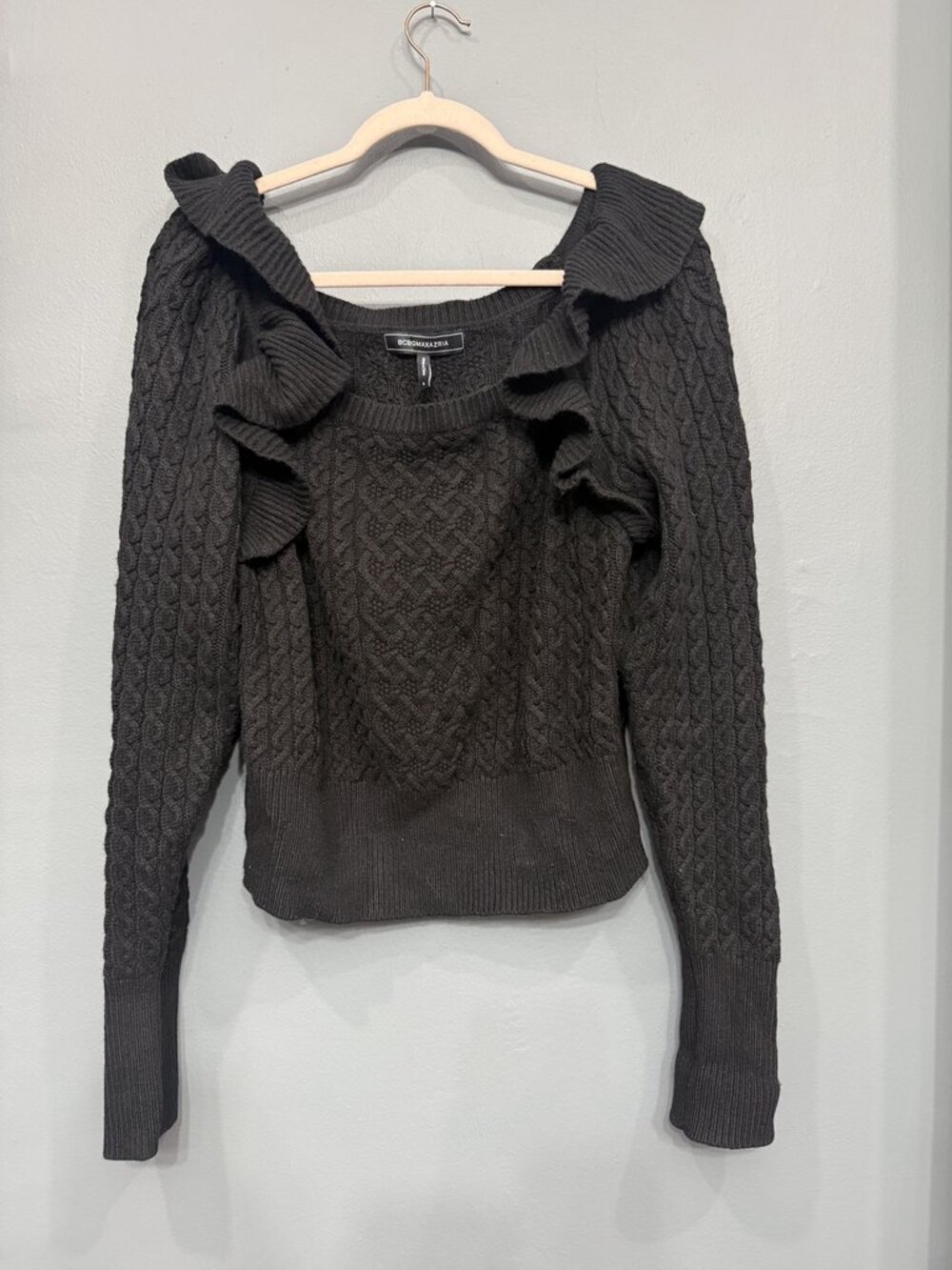 BCBGMAXAZRIA Black Cable Knit Ruffle Shoulder Square Neck Sweater Size L